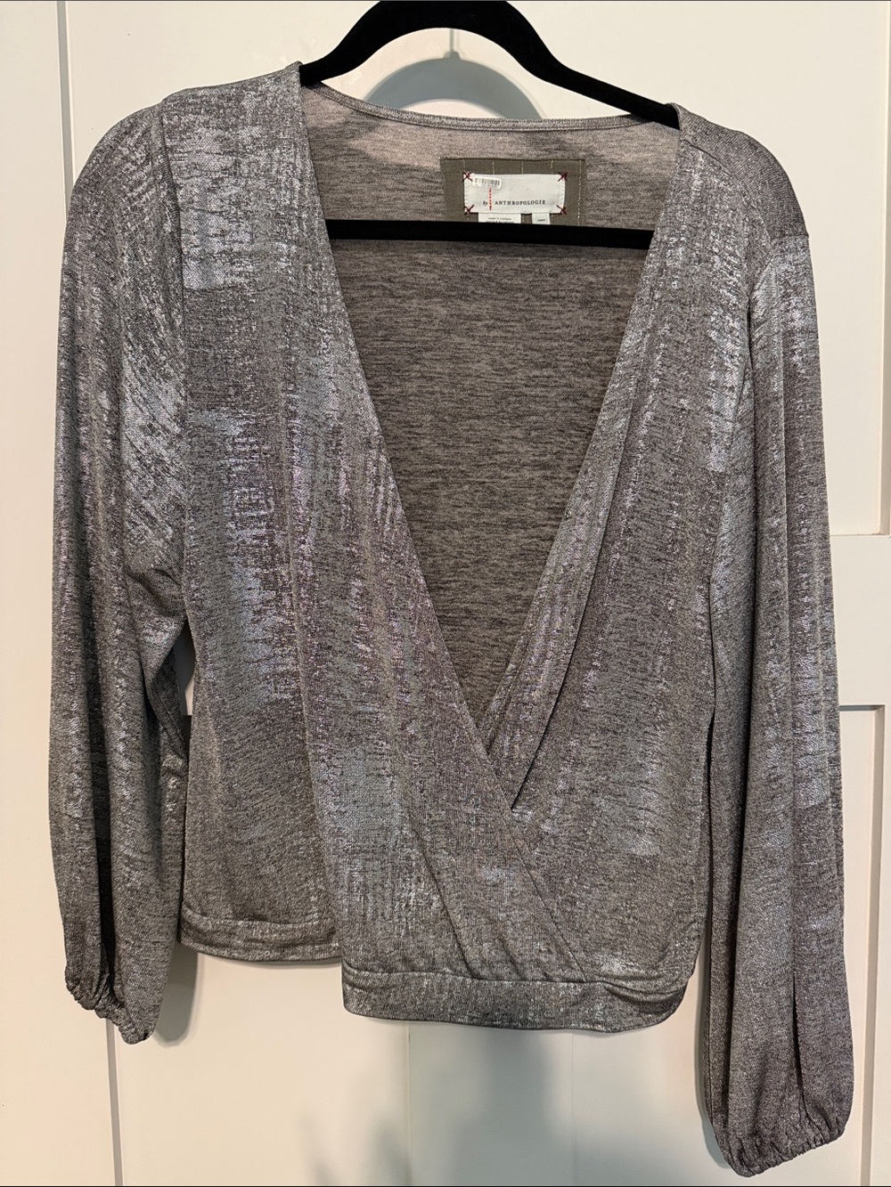 Anthropologie Cary’s Dolman Sleeve Silver Metallic V-Neck Fuax Wrap Sweater
